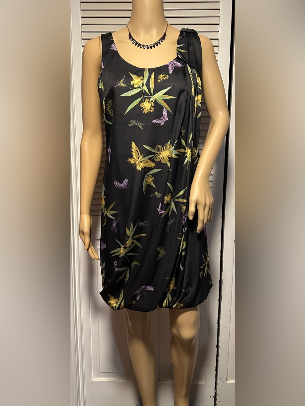 H&M Black Satin Sleeveless Floral Butterflies Dress Bubble Hem Women’s 4